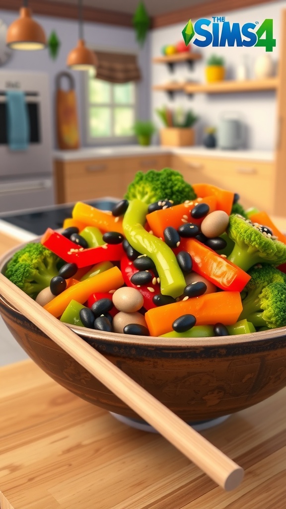 A colorful bean and vegetable stir-fry with black beans, bell peppers, broccoli, and garnished with sesame seeds, presented in a rustic bowl.